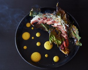 BLUE MARLIN IBIZA Grilled octopus with yellow pepper emulsion and lemon leaves