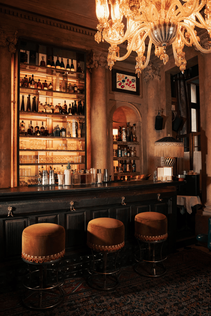 Elegant bar interior with a dark wooden counter, ornate chairs, and a well-stocked shelf displaying various bottles of alcohol, illuminated by warm lighting and a decorative chandelier.