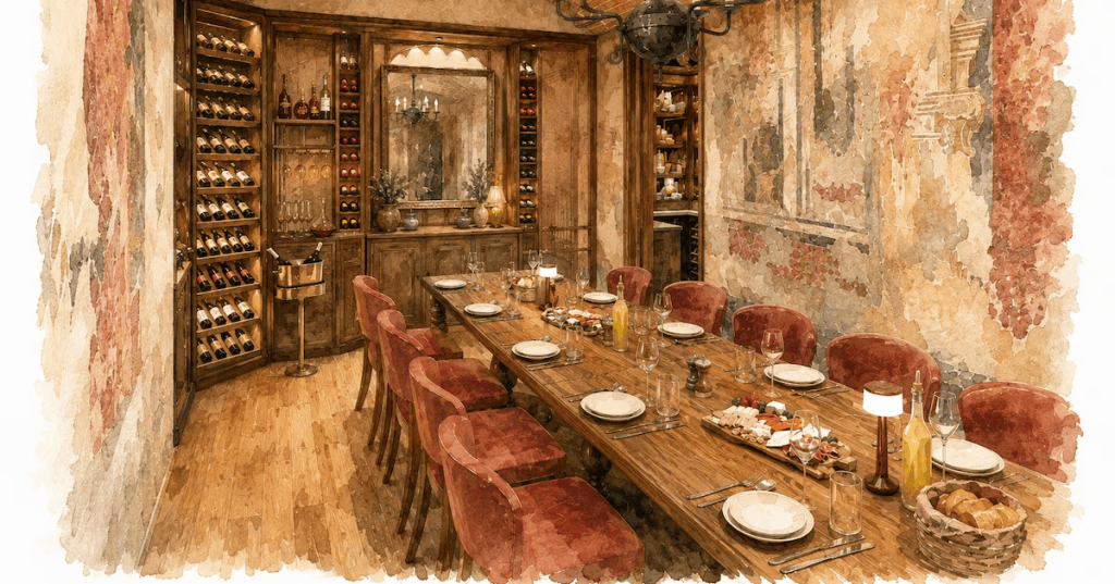 An elegant dining room featuring a long wooden table set for a meal, surrounded by plush red chairs. The background includes a wine shelf filled with bottles and a rustic decor highlighted by warm tones.